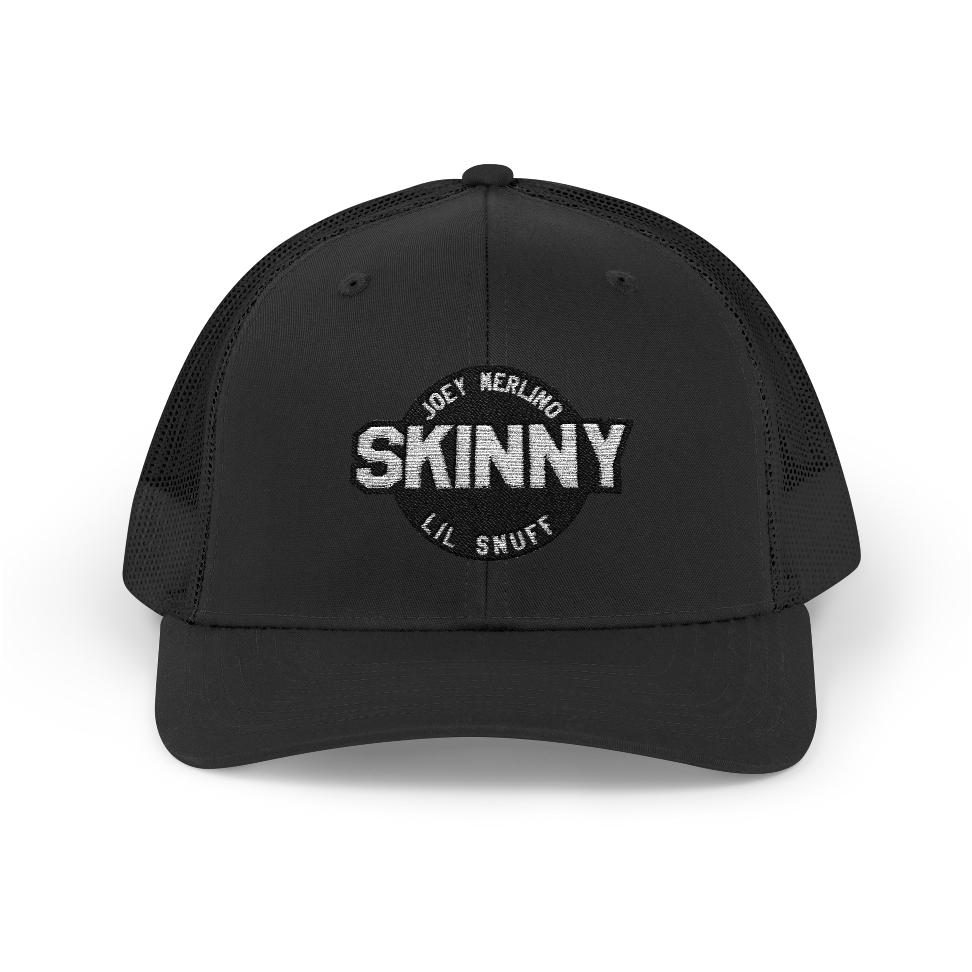 Black trucker cap with 'SKINNY' branding on a white background