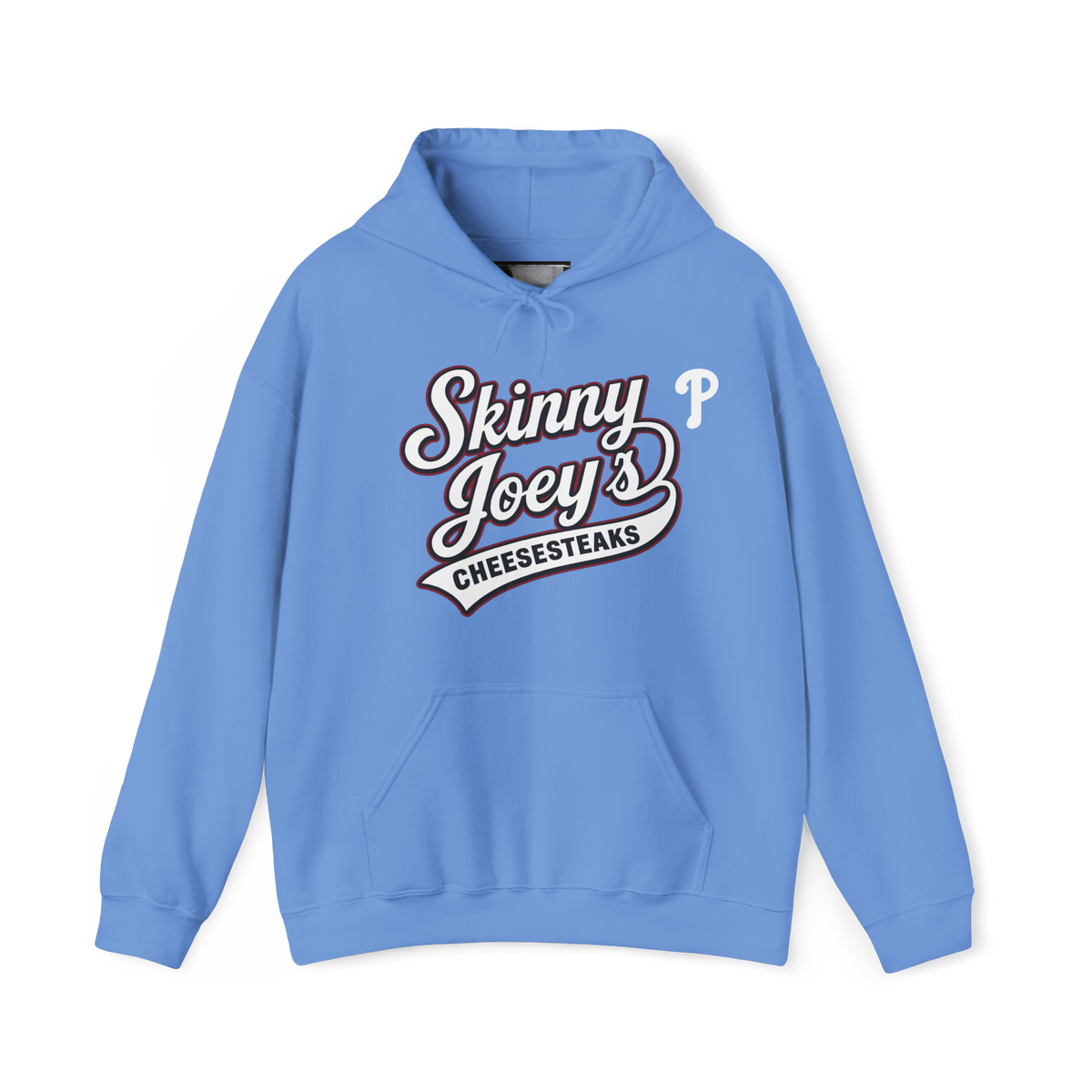 Phillies logo pullover hoodie in carolina blue, front view, Joseph Merlino Philadelphia merch