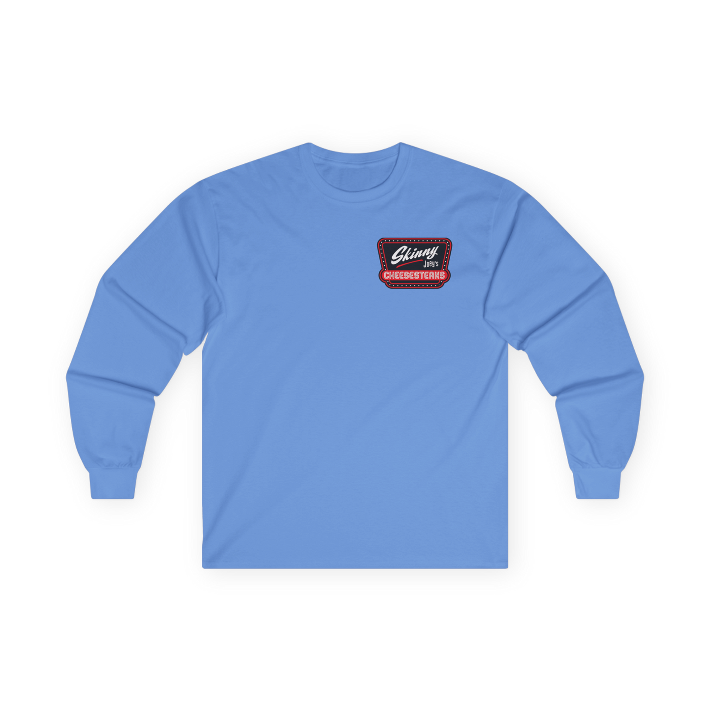 Blue long-sleeve shirt with a logo on the chest against a white background