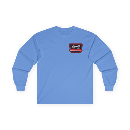 Blue long-sleeve shirt with a logo on the chest against a white background