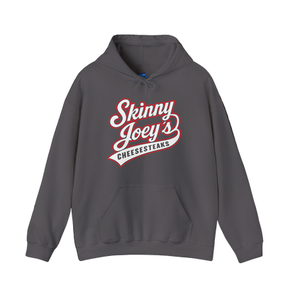 Gray hoodie with 'Skinny Joey's Cheesesteaks' text on a white background