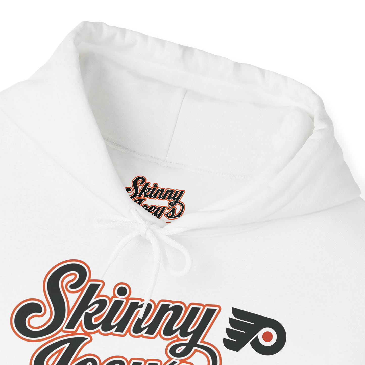 White hoodie with 'Skinny' text and logo on a white background