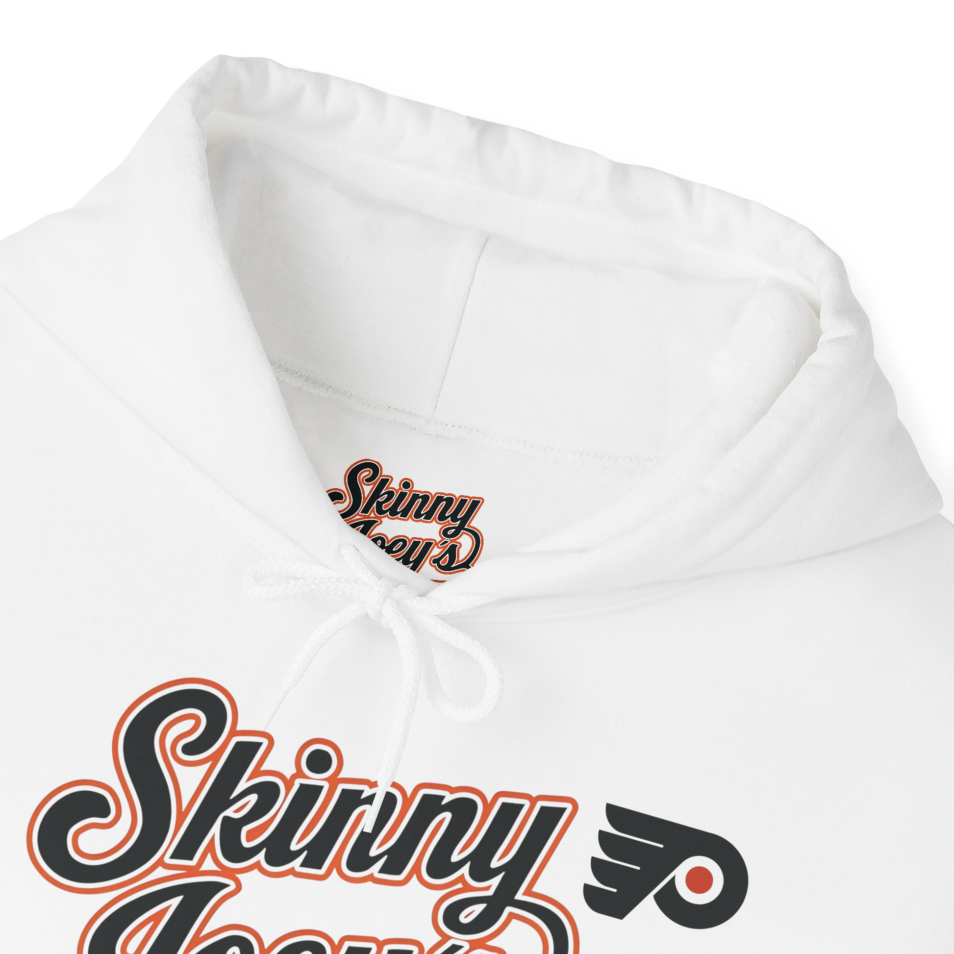 White hoodie with 'Skinny' text and logo on a white background