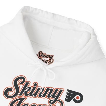 White hoodie with 'Skinny' text and logo on a white background