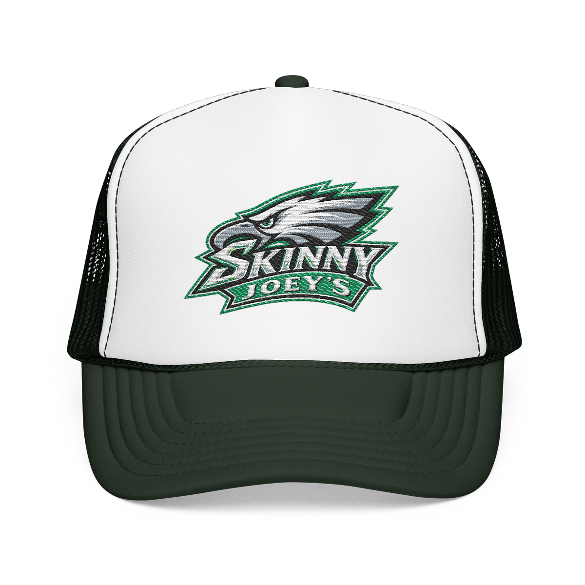 Eagles 2026 trucker hat in dark green white dark green, front view, Philly culture apparel