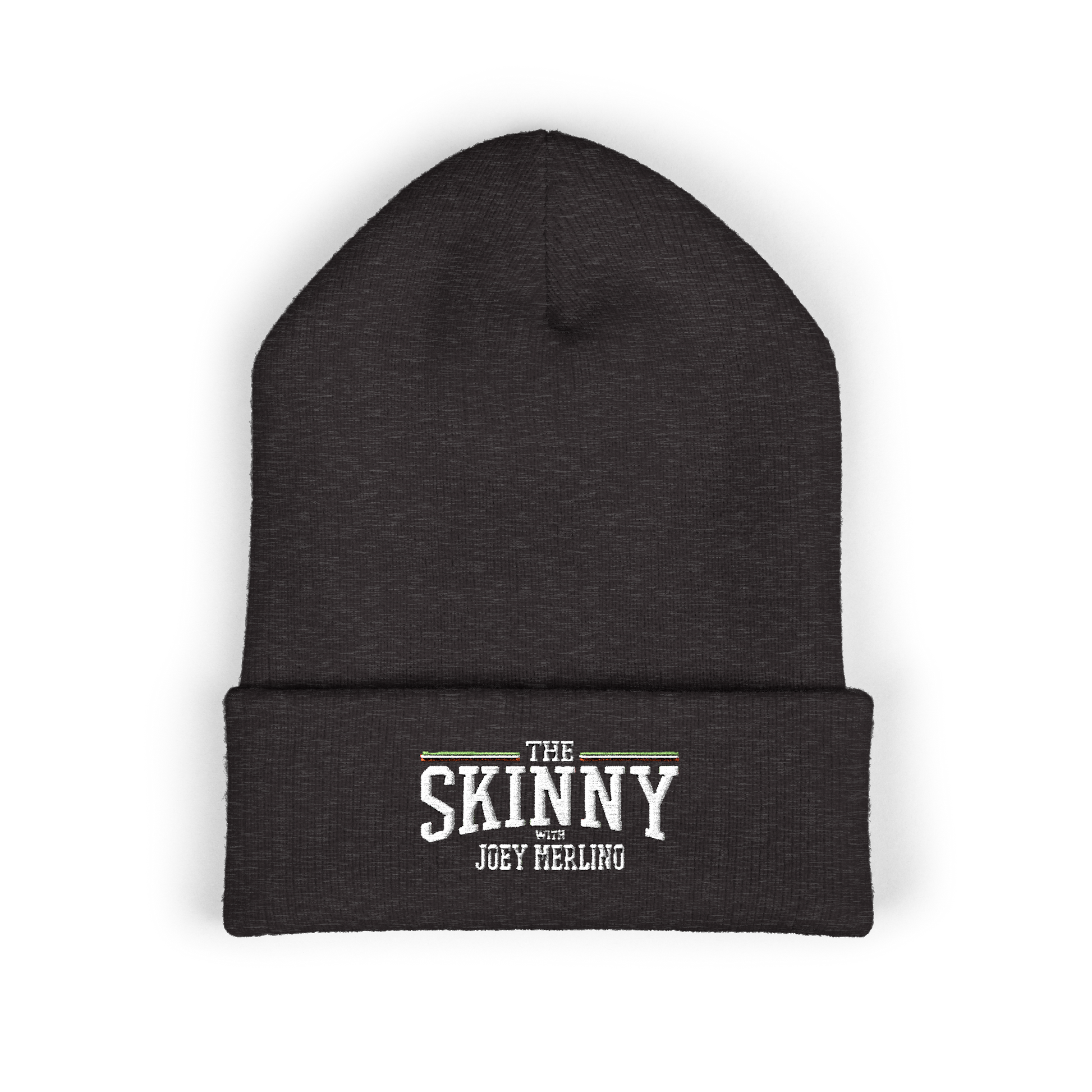 Black beanie with 'The Skinny with Joey Meiling' text on a white background