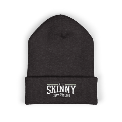 Black beanie with 'The Skinny with Joey Meiling' text on a white background