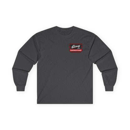 Gray long-sleeve shirt with a red and white logo on a white background