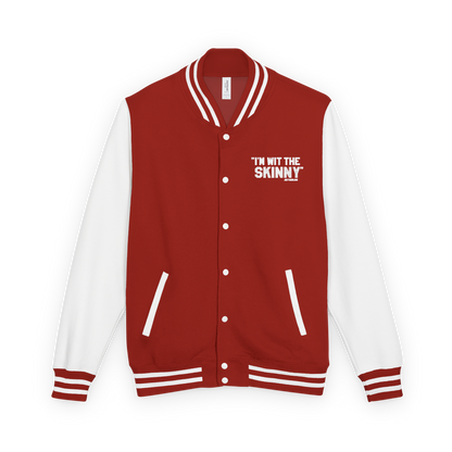 Red and white varsity jacket with text on a white background