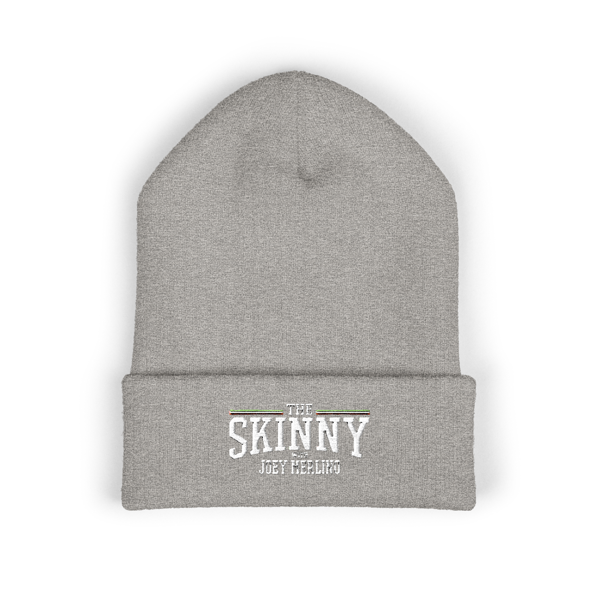 Gray beanie with 'The Skinny' logo on a white background