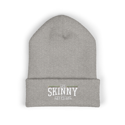 Gray beanie with 'The Skinny' logo on a white background