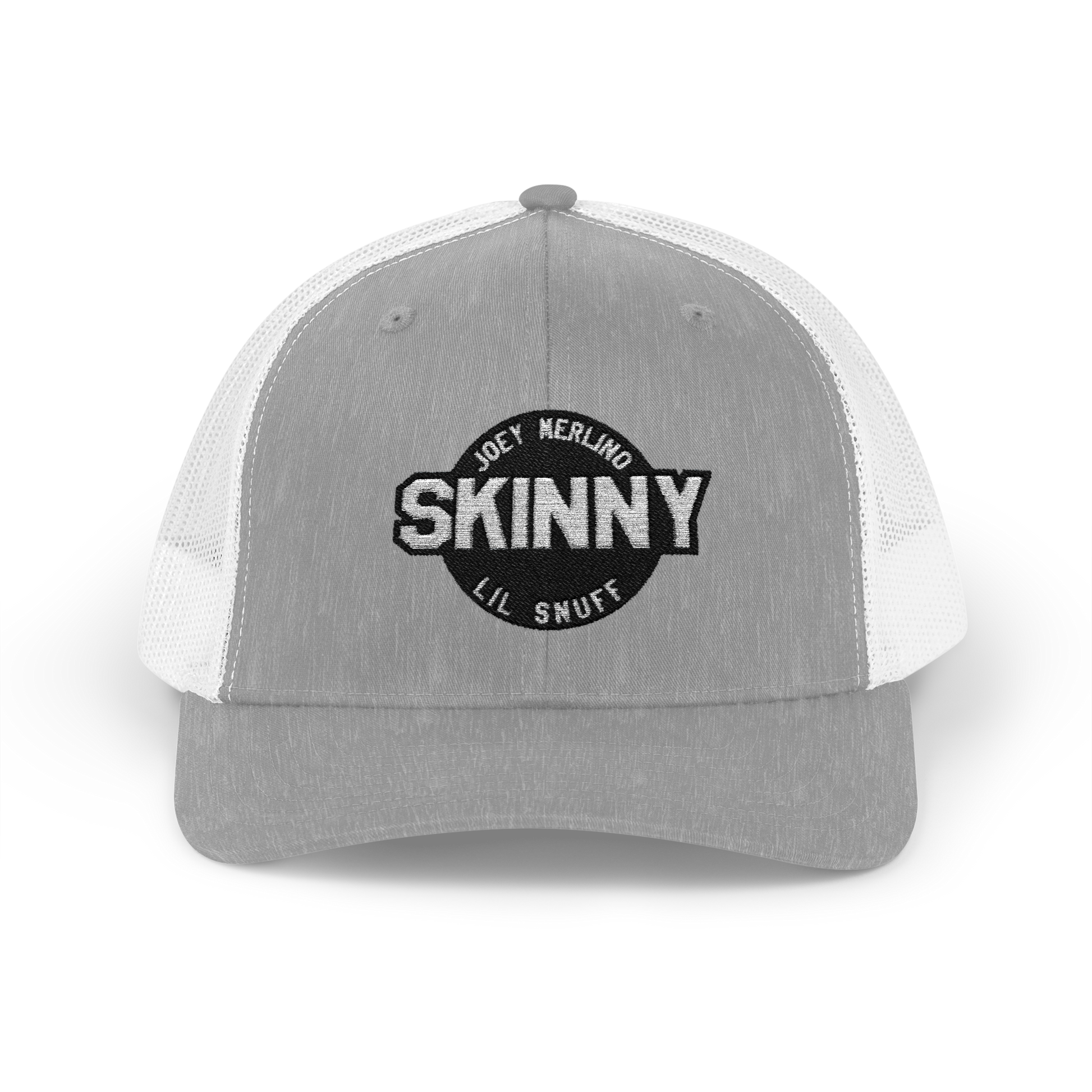 Gray and white cap with 'Skinny' logo on a white background