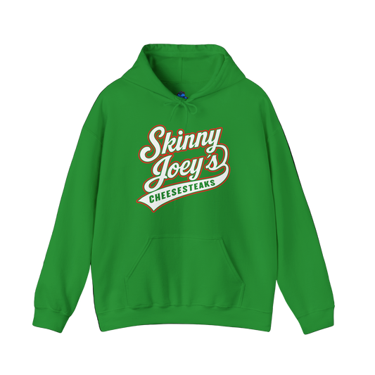 Green hoodie with 'Skinny Joey's Cheesesteaks' text on a white background