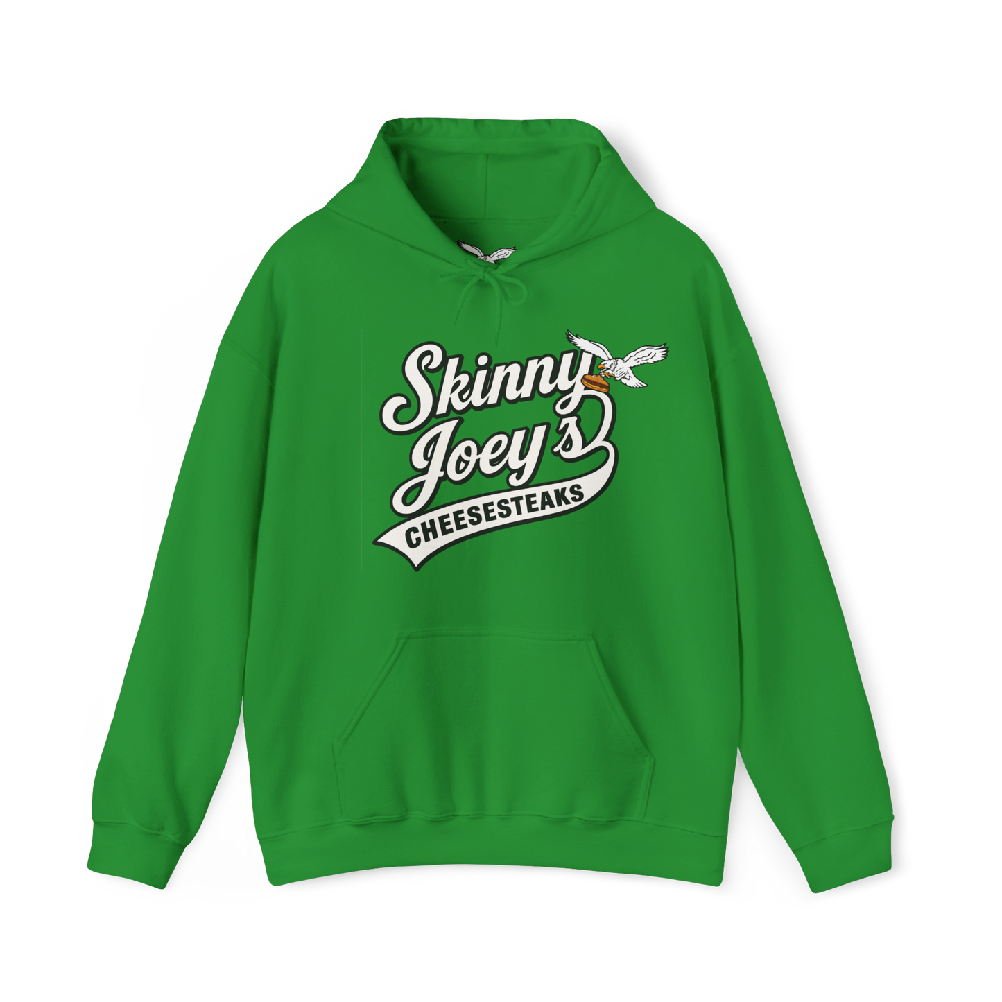 Green hoodie with 'Skinny Joey's Cheesesteaks' text on a white background