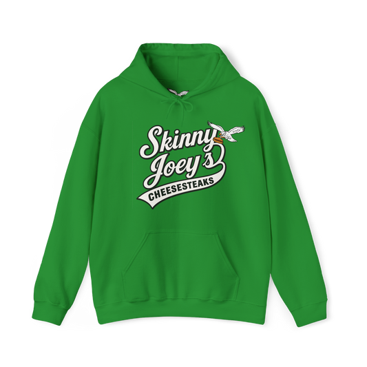 Green hoodie with 'Skinny Joey's Cheesesteaks' text on a white background