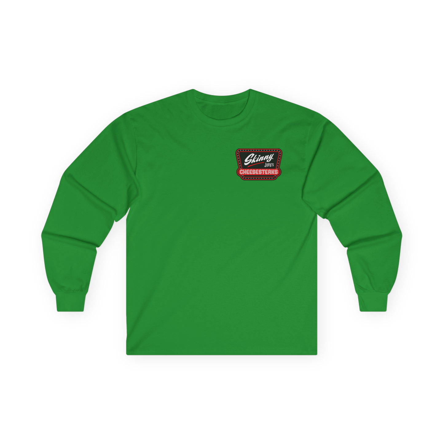 Green long-sleeve shirt with a logo on a white background