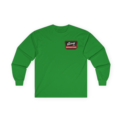 Green long-sleeve shirt with a logo on a white background