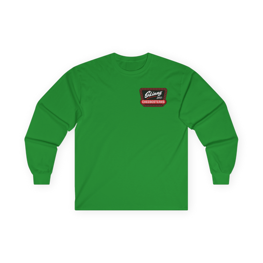 Green long-sleeve shirt with a logo on a white background