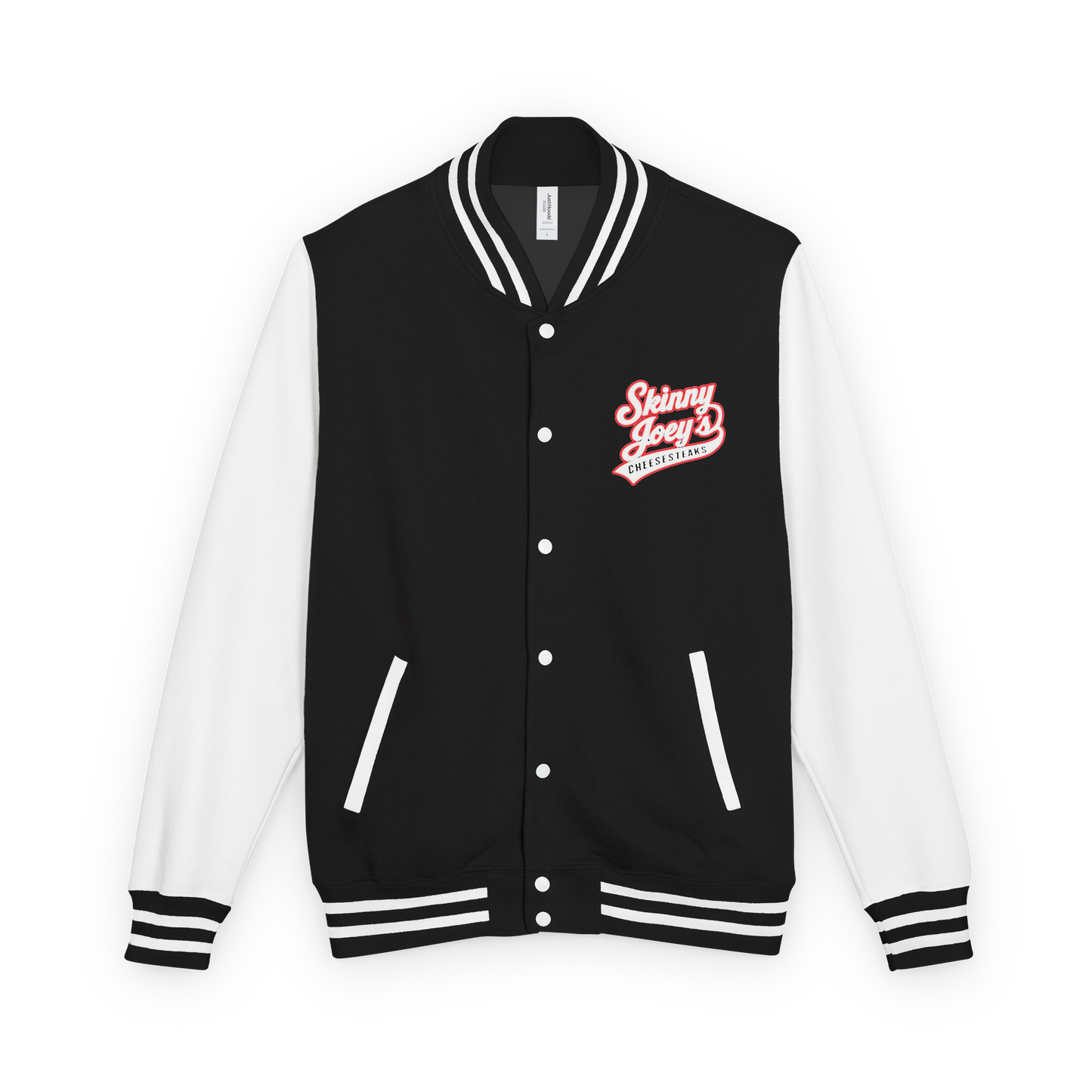 Black and white varsity jacket with 'Skinny Joey' logo on a white background