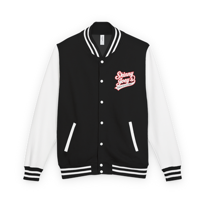 Black and white varsity jacket with 'Skinny Joey' logo on a white background