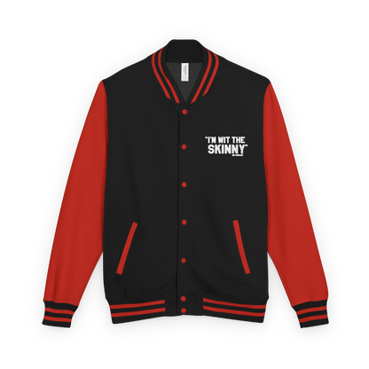 Black and red varsity jacket with text on a white background