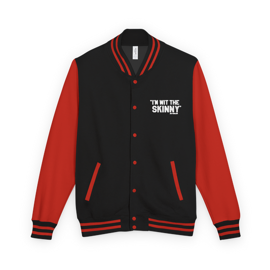 Black and red varsity jacket with text on a white background