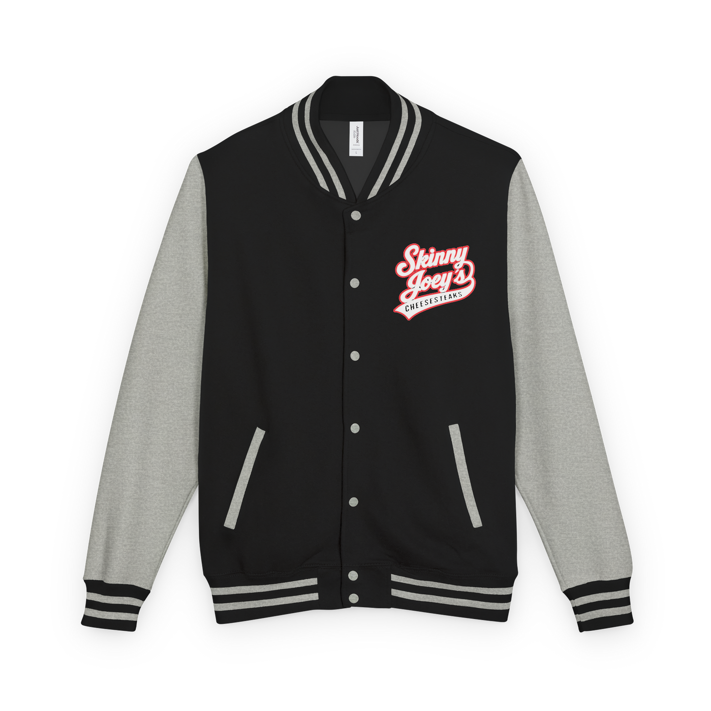 Black and gray varsity jacket with a red logo on a white background