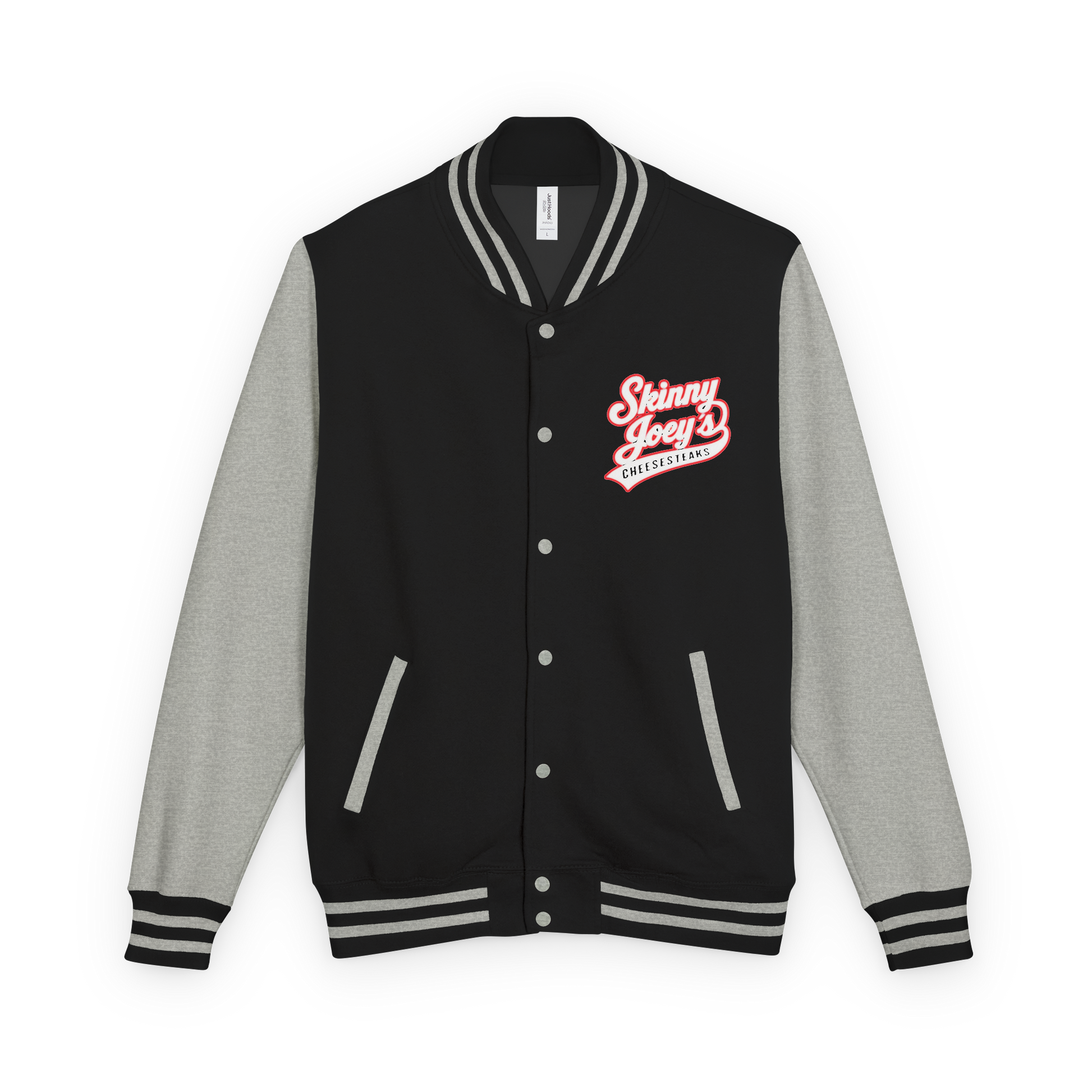 Black and gray varsity jacket with a red logo on a white background