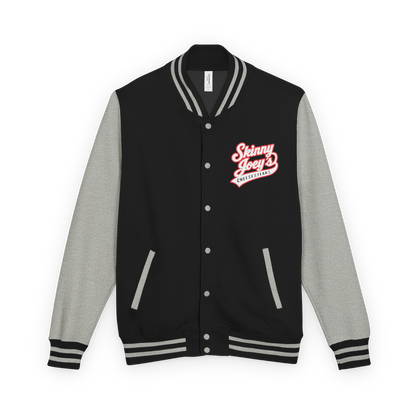 Black and gray varsity jacket with a red logo on a white background