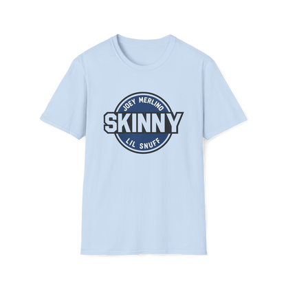 Light blue t-shirt with 'SKINNY' logo on a white background