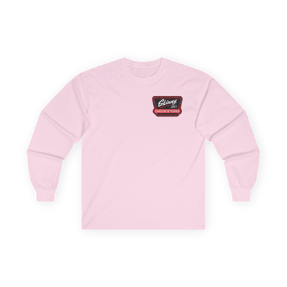 Pink sweatshirt with a logo on a white background