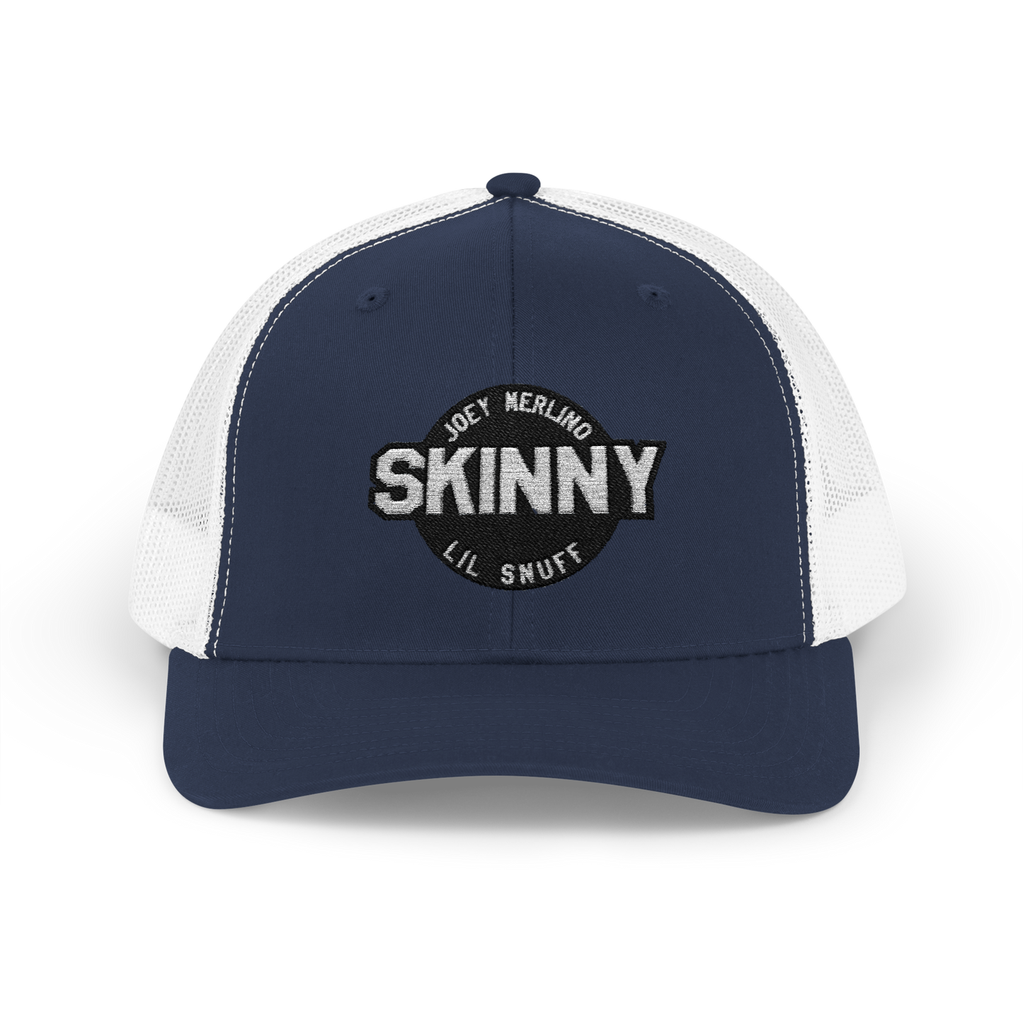 Navy and white cap with 'Skinny' logo on a white background