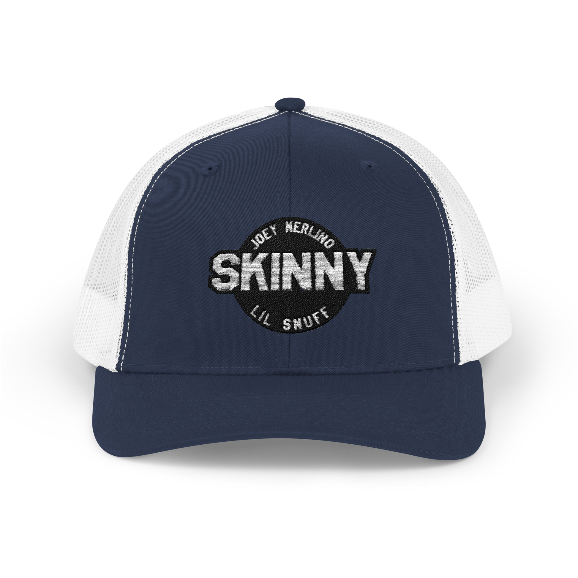 Navy and white cap with 'Skinny' logo on a white background