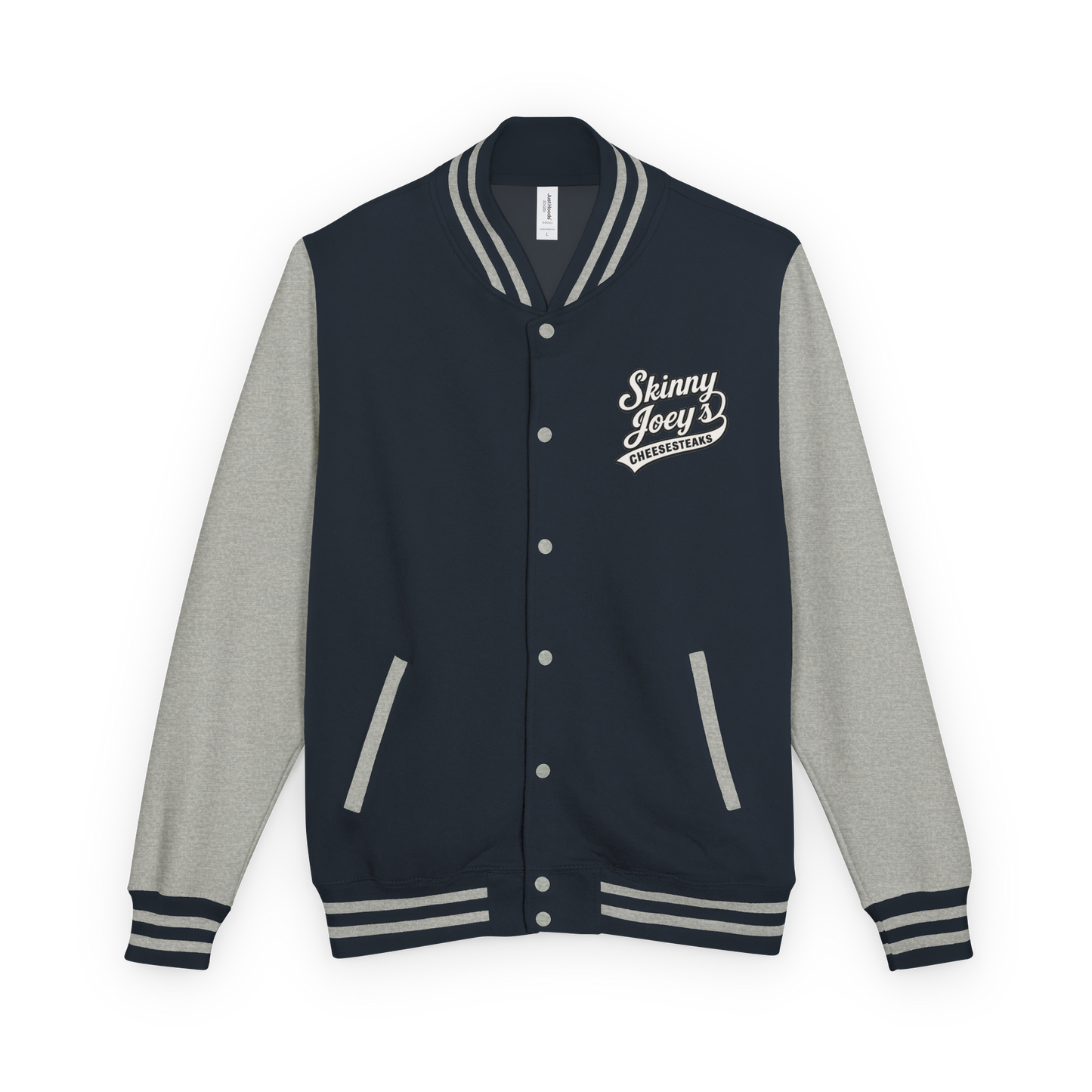 Navy and gray varsity jacket with 'Skinny Joey' logo on a white background