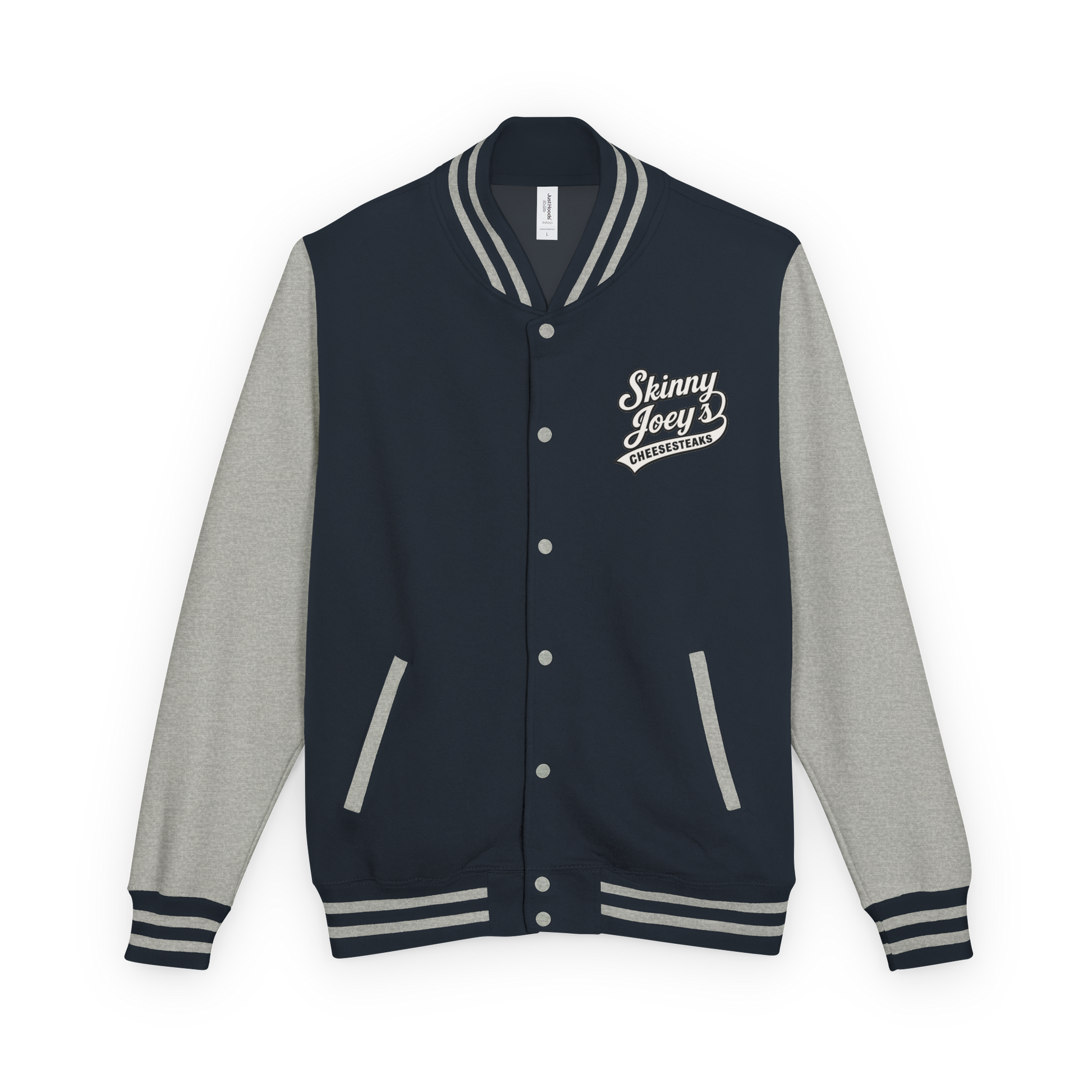 Navy and gray varsity jacket with 'Skinny Joey' logo on a white background