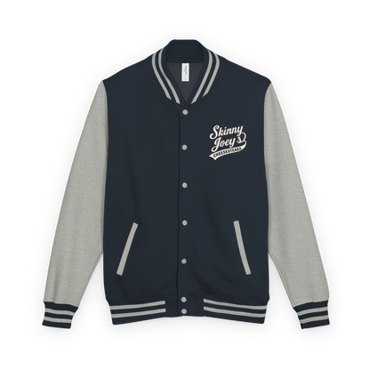 Navy and gray varsity jacket with 'Skinny Joey' logo on a white background