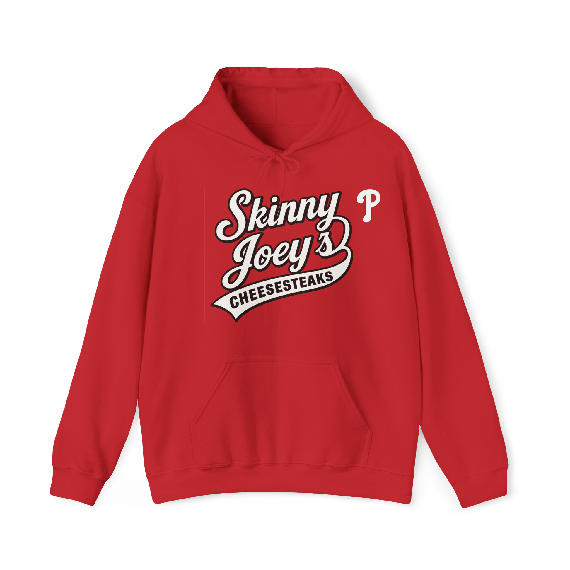 Red hoodie with 'Skinny Joey's Cheesesteaks' text on a white background