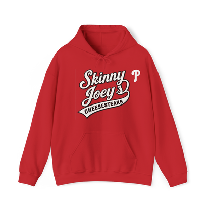 Red hoodie with 'Skinny Joey's Cheesesteaks' text on a white background
