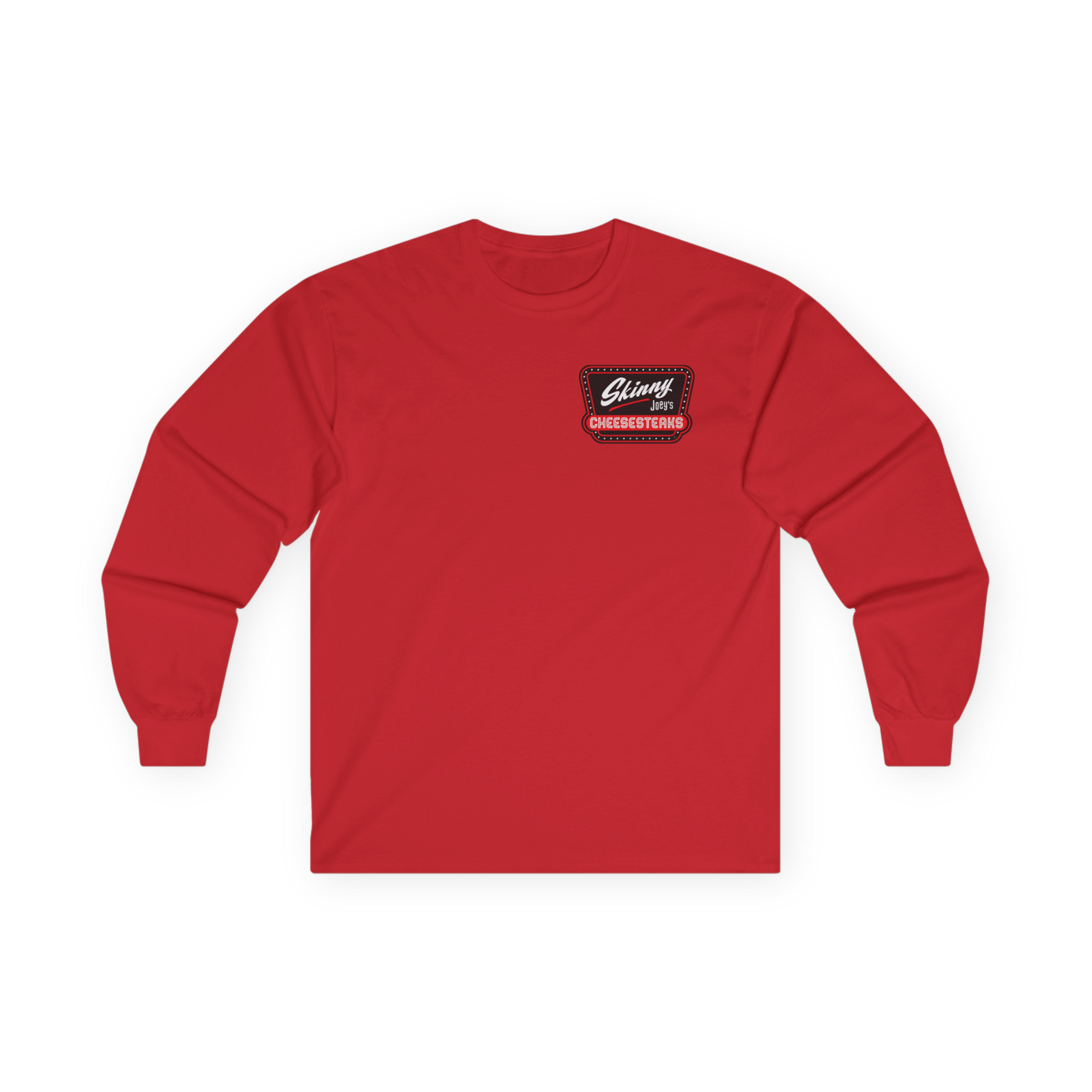 Red long-sleeve shirt with a logo on the chest against a white background
