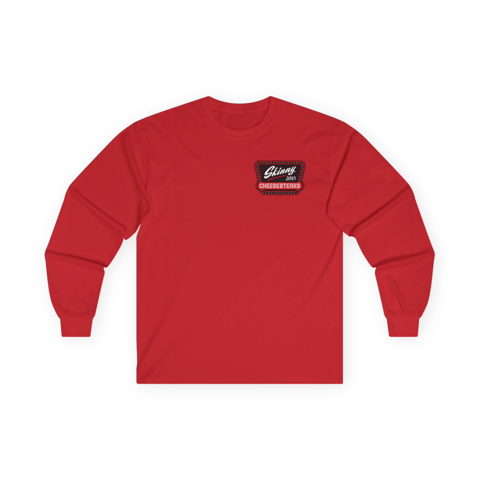 Red long-sleeve shirt with a logo on the chest against a white background