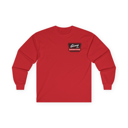 Red long-sleeve shirt with a logo on the chest against a white background