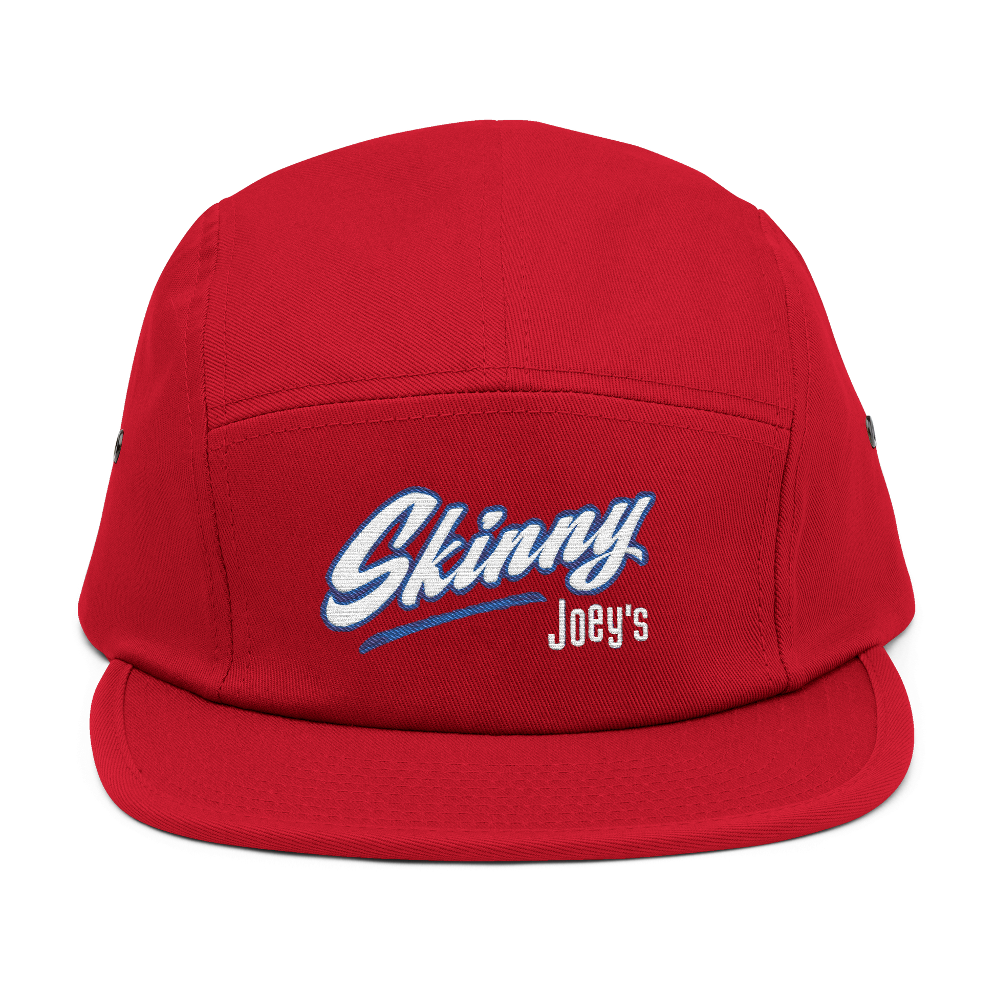 Red cap with 'Skinny Joey's' text on a white background