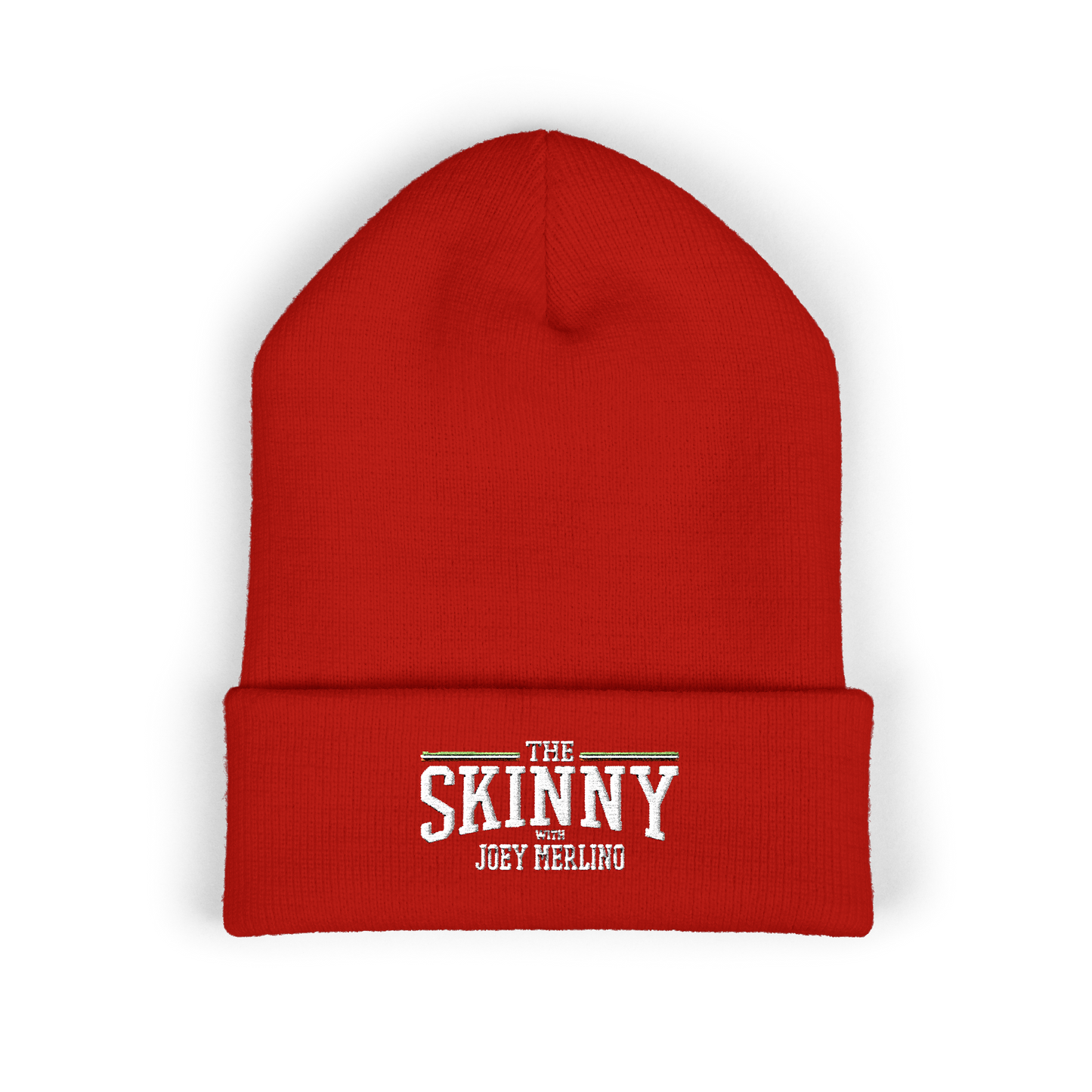 Red beanie with 'The Skinny with Joey Merling' text on a white background