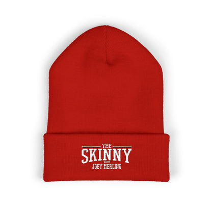 Red beanie with 'The Skinny with Joey Merling' text on a white background