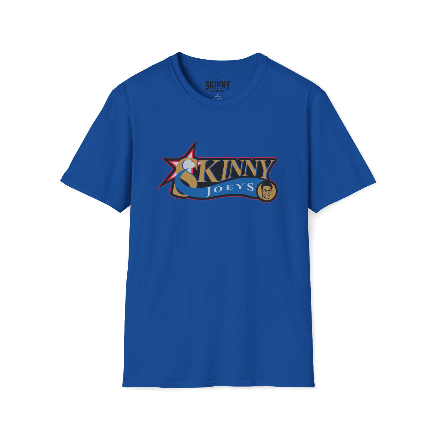 Blue t-shirt with a logo on a white background