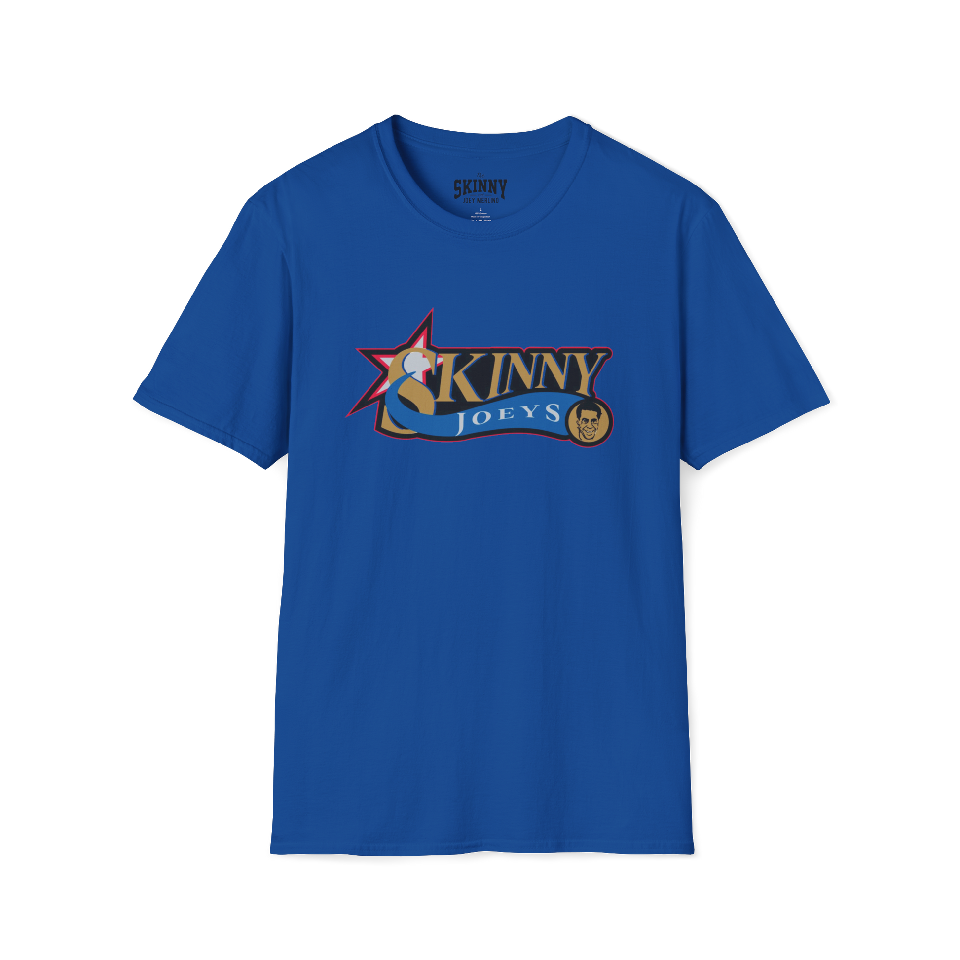 Blue t-shirt with a logo on a white background