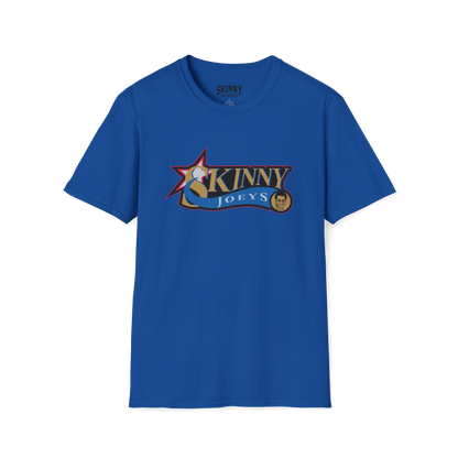 Blue t-shirt with a logo on a white background