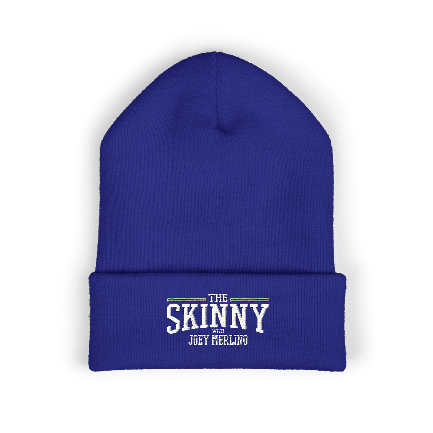 Blue beanie with 'The Skinny with Joey Meeling' text on a white background