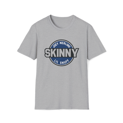 Gray t-shirt with blue and black graphic design on a white background