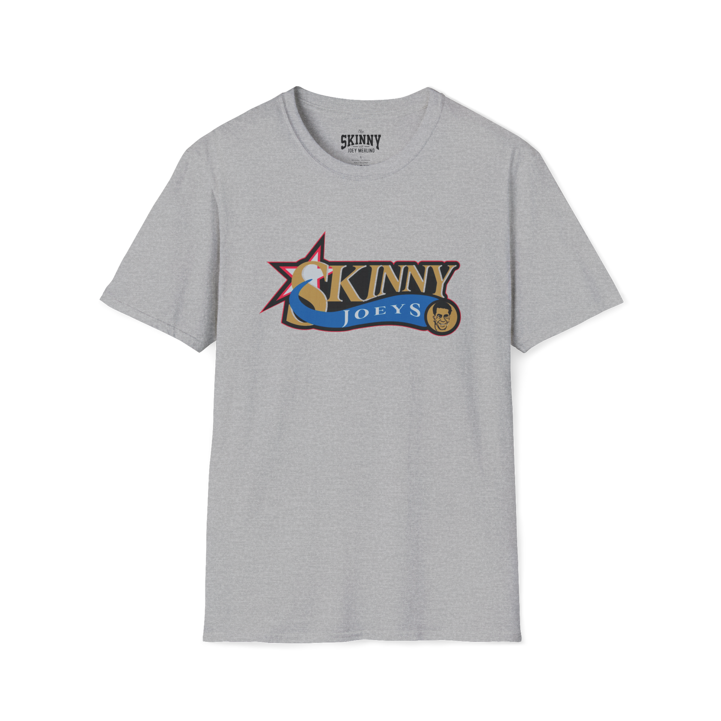 Gray t-shirt with 'Skinny Joey's' logo on a white background